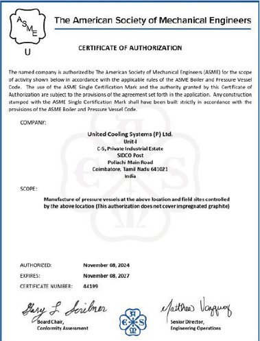 ASME 'U' Stamp Authorisation – Unit I held by United Cooling Systems Pvt. Ltd., Coimbatore, India