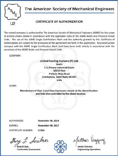 ASME 'U2' Stamp Authorisation – Unit I held by United Cooling Systems Pvt. Ltd., Coimbatore, India