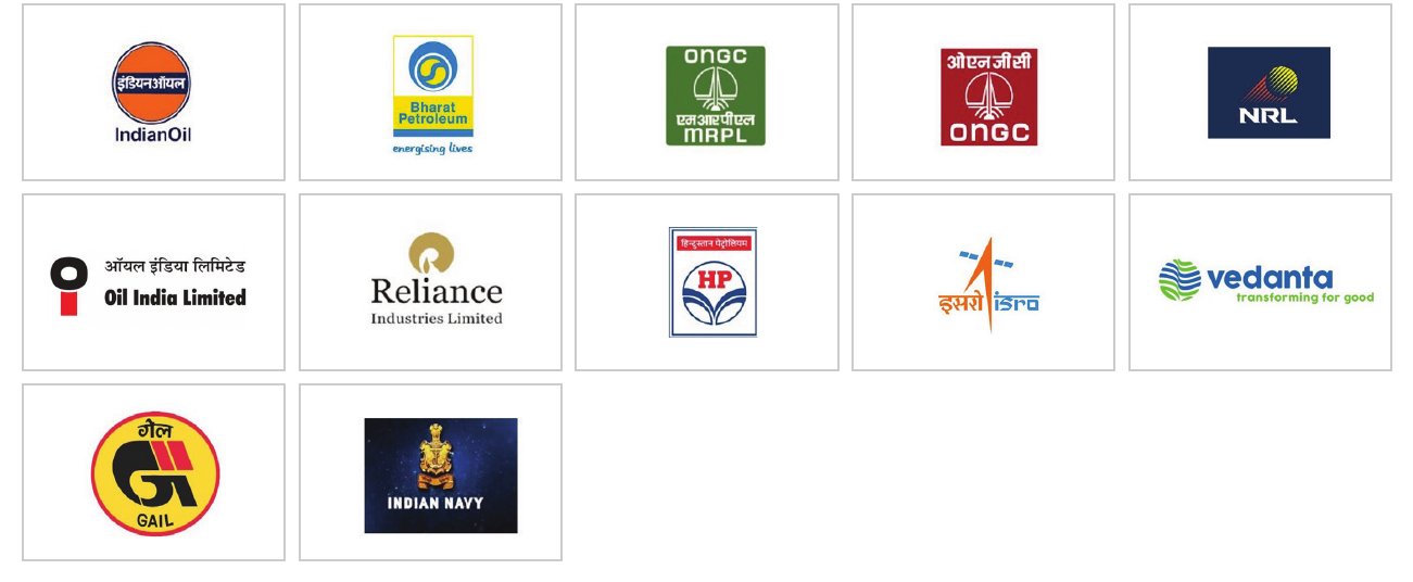 Clients in India: IndianOil, Bharat Petroleum, ONGC MRPL, ONGC, NRL, Oil India, Reliance Industries, HPCL, ISRO, Vedanta, GAIL, Indian Navy