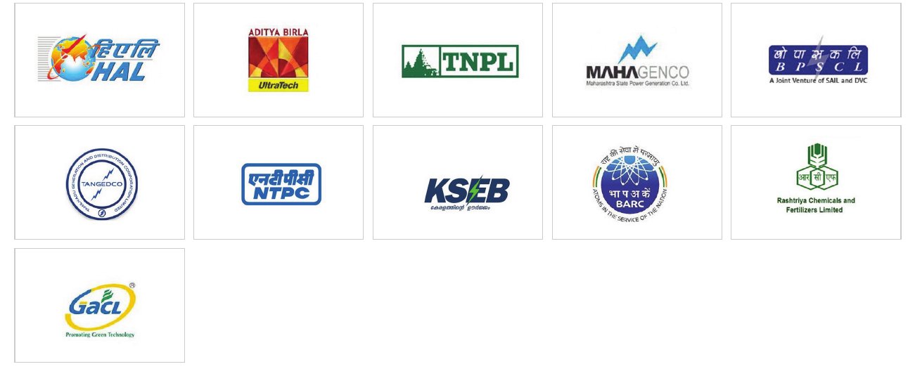 Clients in India: HAL, UltraTech (Aditya Birla), TNPL, Mahagenco, BPSCL, TANGEDCO, NTPC, KSEB, BARC, Rashtriya Chemicals and Fertilizers, GACL