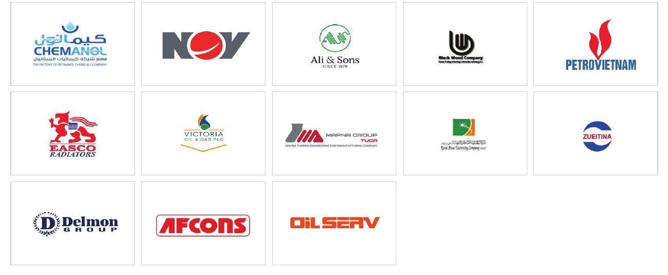 International end users: Chemanol, NOV, Ali & Sons, Black Wood Company, PetroVietnam, EASCO Radiators, Victoria Oil & Gas, MAPNA Group, Zueitina, Delmon Group, AFCONS, Oilserv