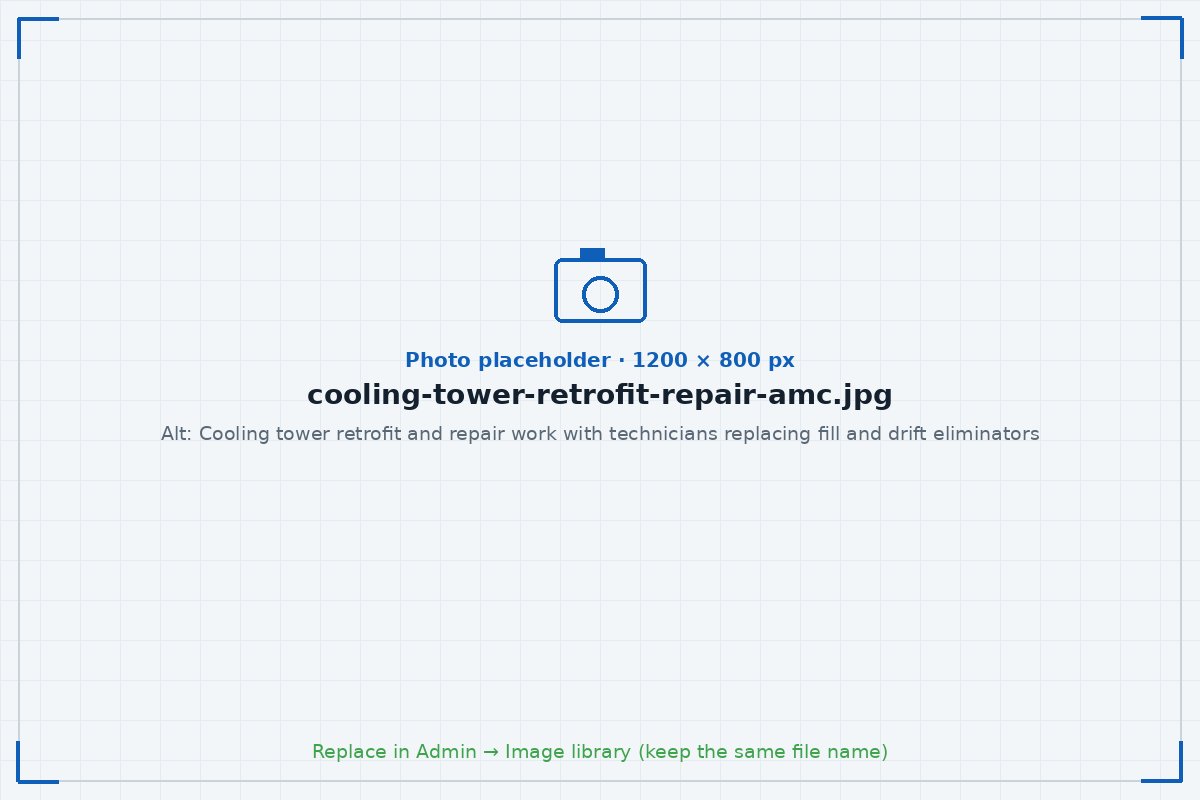 Cooling tower retrofit and repair work with technicians replacing fill and drift eliminators
