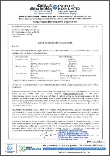 EIL Vendor Enlistment Certificate – Unit I held by United Cooling Systems Pvt. Ltd., Coimbatore, India