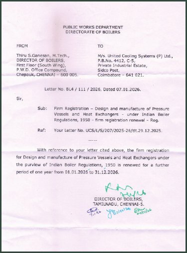 IBR Approval (Indian Boiler Regulations) – Unit I held by United Cooling Systems Pvt. Ltd., Coimbatore, India