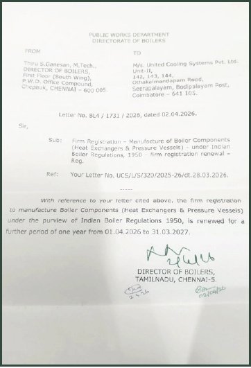IBR Approval (Indian Boiler Regulations) – Unit II held by United Cooling Systems Pvt. Ltd., Coimbatore, India