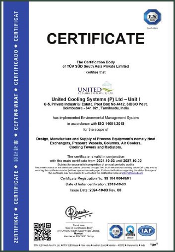 ISO 14001:2015 Environmental Management Certificate – Unit I held by United Cooling Systems Pvt. Ltd., Coimbatore, India