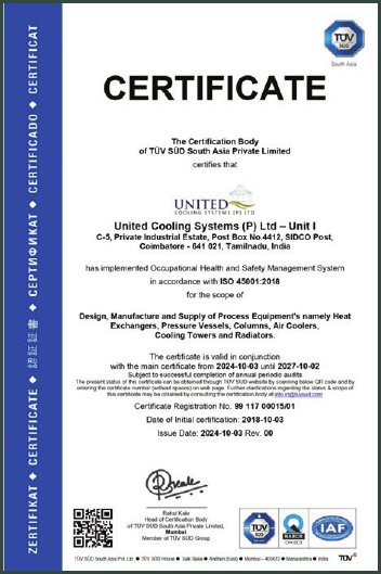 ISO 45001:2018 Health & Safety Certificate – Unit I held by United Cooling Systems Pvt. Ltd., Coimbatore, India
