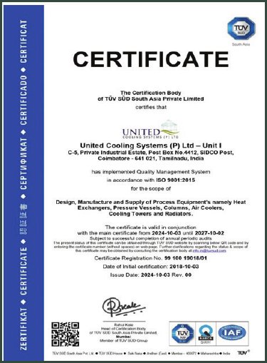 ISO 9001:2015 Quality Management Certificate – Unit I held by United Cooling Systems Pvt. Ltd., Coimbatore, India