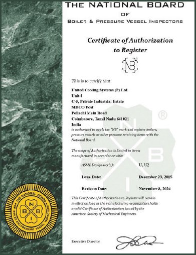 National Board 'NB' Stamp Certificate held by United Cooling Systems Pvt. Ltd., Coimbatore, India