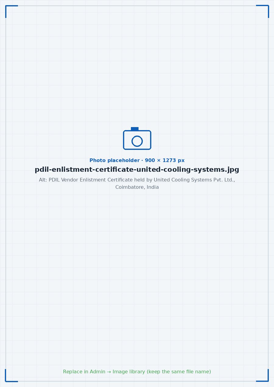 PDIL Vendor Enlistment Certificate held by United Cooling Systems Pvt. Ltd., Coimbatore, India