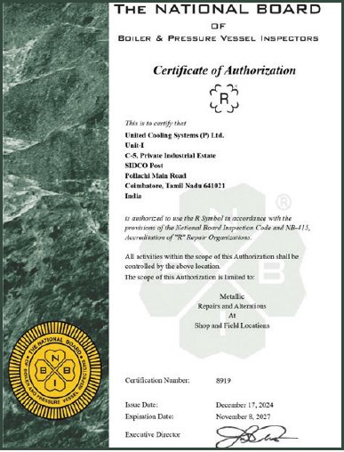 National Board 'R' Stamp Certificate held by United Cooling Systems Pvt. Ltd., Coimbatore, India