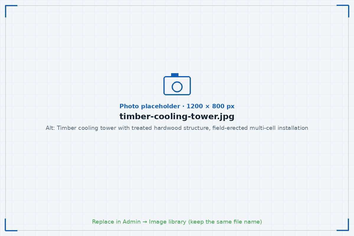 Timber cooling tower with treated hardwood structure, field-erected multi-cell installation