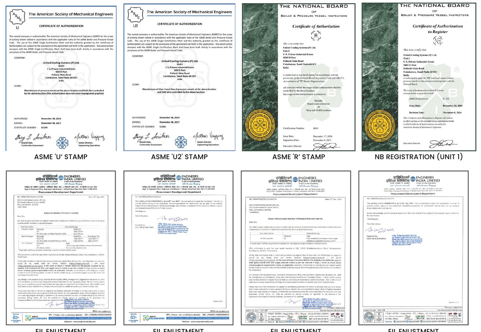 United Cooling Systems ASME, National Board and EIL approvals