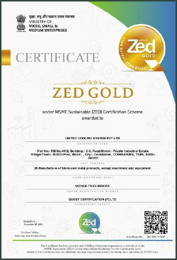 ZED Gold MSME Certificate held by United Cooling Systems Pvt. Ltd., Coimbatore, India